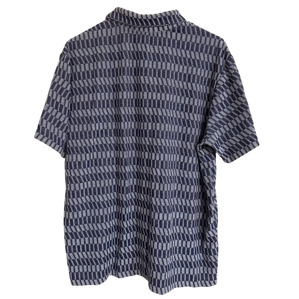 Criquet Men's Blue & White Textured Geometric 100% Cotton Terry Button Down L